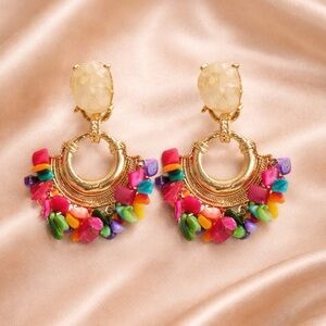 Colorful Stones Beaded Druzy Hoop Earrings